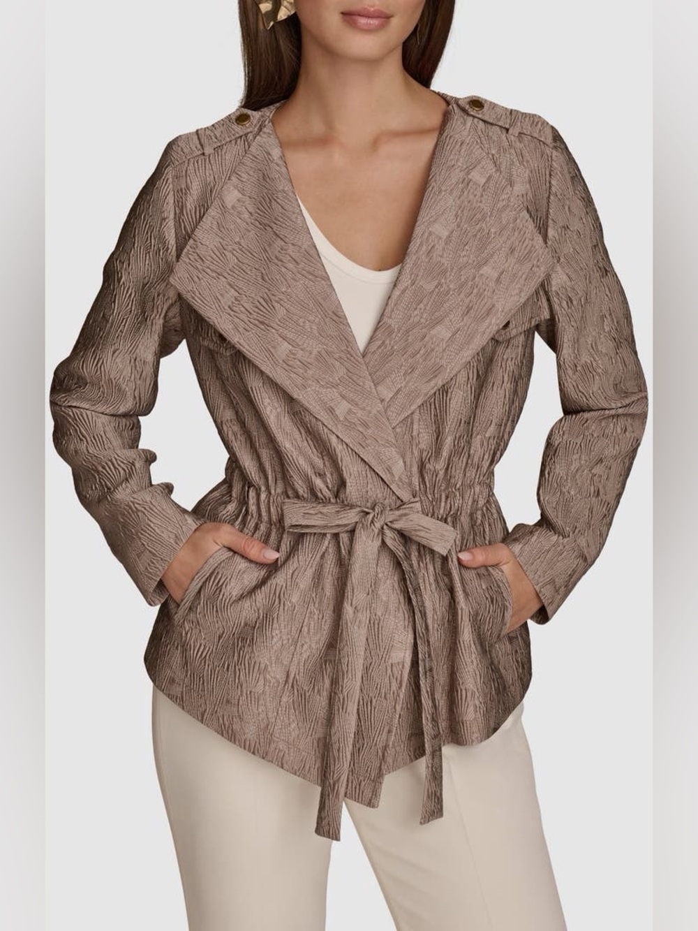 NWOT Donna Karan New York Textured Jacquard Belted Jacket Taupe XS Nordstrom